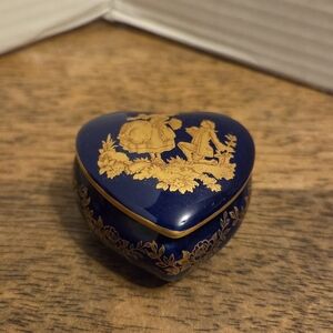 Limoges Vintage Heart-Shaped Cobalt Blue and Gold Trinket Box